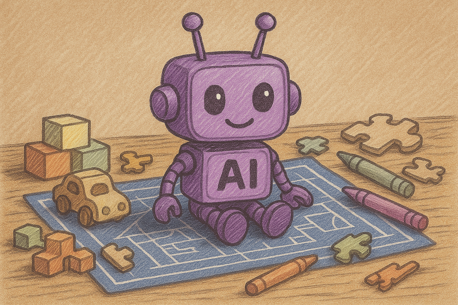 A hand-drawn purple robot with a square head and antennae sits cheerfully on top of a blueprint spread out on a wooden desk. Around it are scattered children’s toys like wooden blocks, puzzle pieces, and crayons, evoking a playful, creative workspace.

